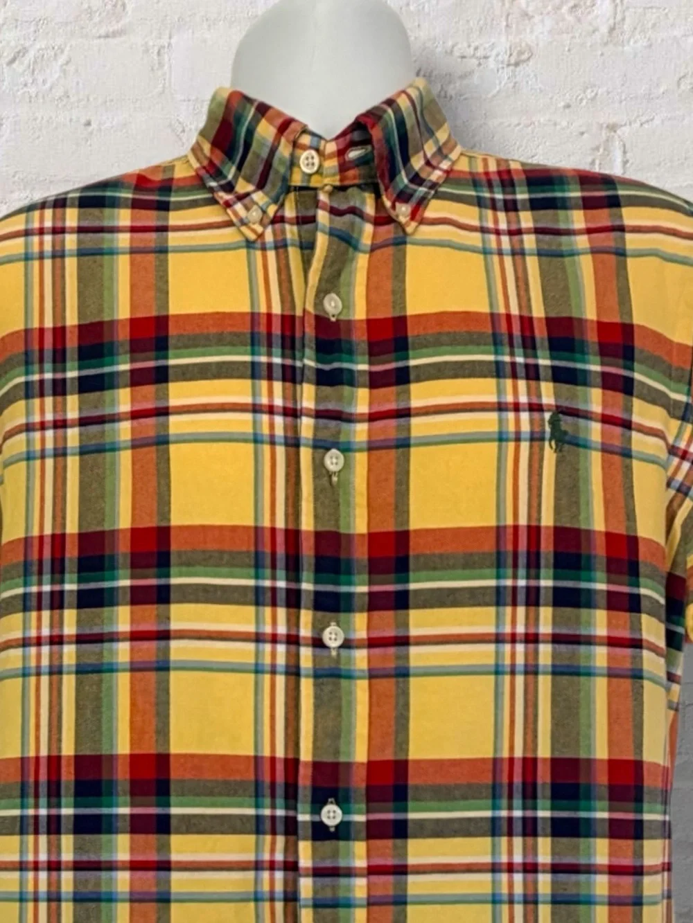 Polo Ralph Lauren Plaid Oxford Shirt Short Sleeve Yellow Madras Classic Fit L
